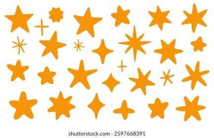 Hand drawn abstract star shapes set in orange color. Various doodle style stars, sparkles, and bursts isolated on a white background. Modern celestial clipart for design, decoration, and branding.