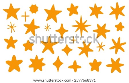 Hand drawn abstract star shapes set in orange color. Various doodle style stars, sparkles, and bursts isolated on a white background. Modern celestial clipart for design, decoration, and branding.
