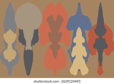 Hand drawn abstract strange cute colorful  imaginary foliage shapes background, tribal and ethnic block print simple and creative graphic for textile, decoration, carpet