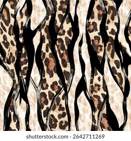 Hand drawn abstract striped leopard skin pattern changes color with background elements in brown, black and white colors