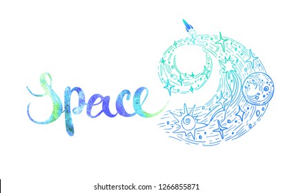Hand drawn abstract stylized galactic spiral with stars and Brush stroke lettering with inspiration, motivation, encouraging quote. Cosmic watercolour background. Night sky with stars, colorful galaxy