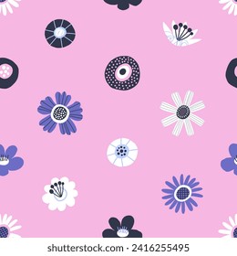 Hand drawn abstract summer flowers seamless pattern. Great for fabric or wrapping paper. Vector illustration