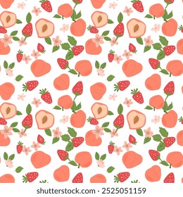 Dibujado a mano abstracto de verano de fresa y melocotón patrón con partes de plantas y comida en rodajas. Patrón inconsútil para la materia textil, papel de embalaje, carteles. Texturas de moda.