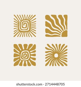 Mão desenhada abstrato sol formas vetor definido no boho e meados do século moderno estilo. Ícones minimalistas de explosão solar com linhas curvas orgânicas e cores terrosas. 