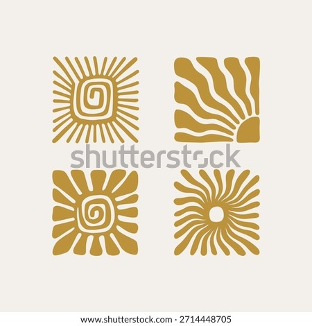 Hand drawn abstract sun shapes vector set in boho and mid century modern style. Minimalist sunburst icons with organic curved lines and earthy colors. 