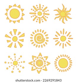 Hand drawn abstract sun symbol. Summer doodle set. Vector elements for design