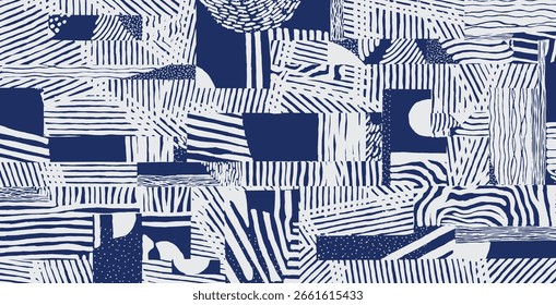 Hand drawn abstract textile pattern featuring organic stripes, lines, dots, and blocks. Inspired by Japanese boro and sashiko, in bold indigo and white tones.