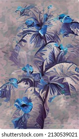 hand drawn abstract texture of hibiscus flowers. Pink, blue and yellow spring background. Natural natural texture of tropical vegetation. Design for wedding invitation, card, book.