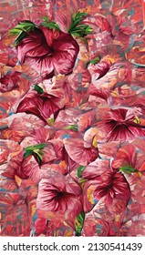 hand drawn abstract texture of hibiscus flowers. Pink, blue and yellow spring background. Natural natural texture of tropical vegetation. Design for wedding invitation, card, book.