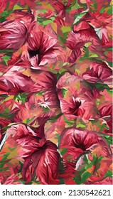 hand drawn abstract texture of hibiscus flowers. Pink, blue and yellow spring background. Natural natural texture of tropical vegetation. Design for wedding invitation, card, book.