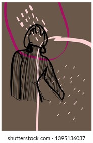 Hand drawn abstract texture with woman portrait in minimal graphic style. Cute design with beauty female cartoon character 