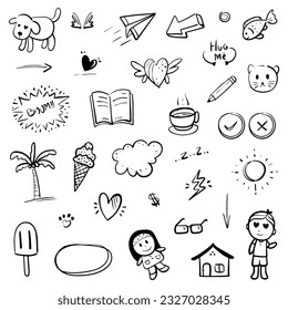 Hand drawn abstract thin line doodle set of objects, in Vector illustration