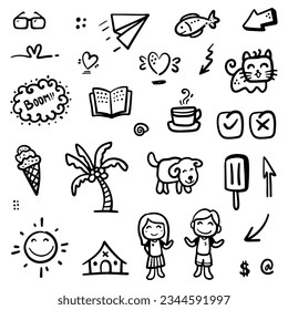 Hand drawn abstract thin line doodle set of objects, in Vector illustration