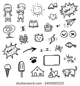 Hand drawn abstract thin line doodle set of objects, in Vector illustration