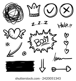 Hand drawn abstract thin line doodle set, in Vector illustration