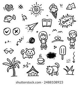 Hand drawn abstract thin line doodle set, in Vector illustration