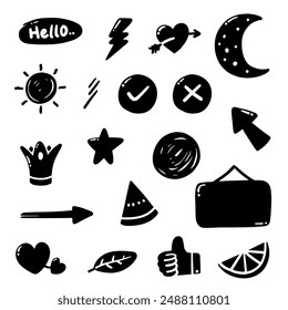 Dibujado a mano línea fina abstracta doodle conjunto de objetos, en Ilustración vectorial