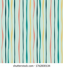 Hand drawn Abstract thin vertical wavy, curly lines with pastel yellow, emerald green, mint, pink colors. Tender nature palette strokes, print for fabric, apparell, textile, EPS10, editable