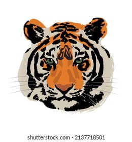 Ilustración abstracta de la cabeza del tigre dibujada a mano. Impresión artística contemporánea. Colores naturales. Plantilla de diseño de moda.