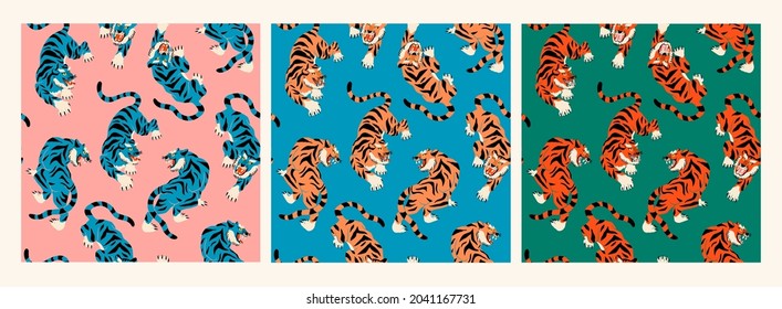 Hand drawn abstract tigers. Japanese or Chinese oriental style. Trendy colored Vector illustration. Set of three Square seamless Patterns. Pink, blue, green backgrounds. Wallpaper, print templates