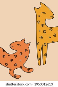 Hand drawn abstract tigers in modern, trendy colors, taro cards and boho concept, minimalism art.