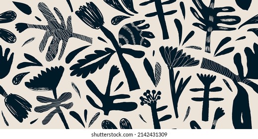 Hand drawn abstract trendy flowers pattern. Collage contemporary print. Fashionable template for design.