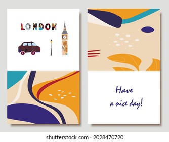 Hand drawn abstract trendy universal artistic cards with sights of London.