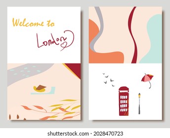 Hand drawn abstract trendy universal artistic cards with sights of London.