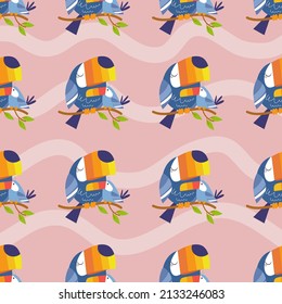Hand drawn abstract tropical cute toucan seamless pattern
