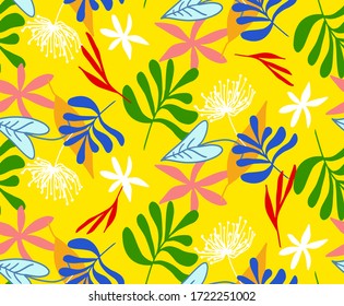 Hand Drawn Abstract Tropical Exotic Leaves Branches and Flowers Repeating Vector Pattern Isolated Background