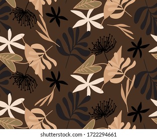 Hand Drawn Abstract Tropical Exotic Leaves Branches and Flowers Repeating Vector Pattern Isolated Background