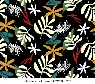Hand Drawn Abstract Tropical Exotic Leaves Branches and Flowers Repeating Vector Pattern Isolated Background