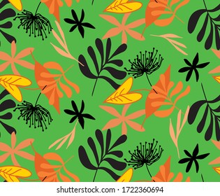 Hand Drawn Abstract Tropical Exotic Leaves Branches and Flowers Repeating Vector Pattern Isolated Background
