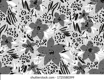 Hand Drawn Abstract Tropical Exotic Flowers and Leaves with Leopard Cheetah Zebra Animal Skin Ink Stains Repeating Vector Pattern