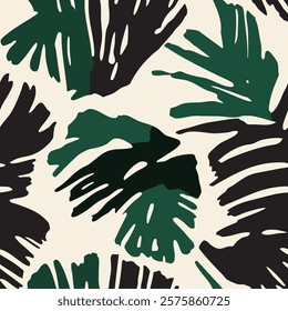 Hand drawn Abstract tropical leaves A black and green pattern. Collage contemporary print. Fashionable template for design.