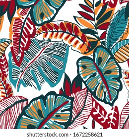 Hand Drawn Abstract Tropical Monstera Exotic Leaves Repeating Vector Pattern Isolated Background