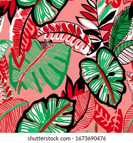 Hand Drawn Abstract Tropical Monstera Exotic Leaves Repeating Vector Pattern Isolated Background