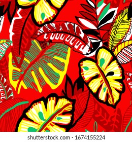 Hand Drawn Abstract Tropical Monstera Exotic Leaves Repeating Vector Pattern Isolated Background