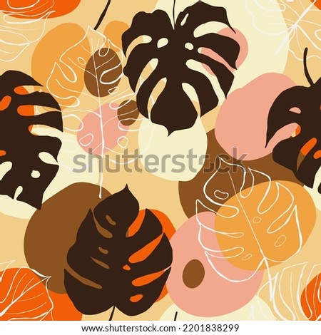 Hand Drawn Abstract Tropical Monstera Exotic Leaves and abstarct spots Repeating Vector Pattern. Seamless Background