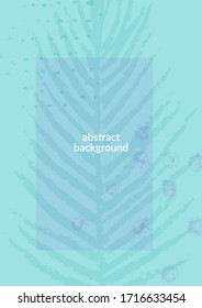 Hand drawn abstract tropical summer background design. Light mint green palm leaf, abstract dots and stripes for social media blog post or cover template.