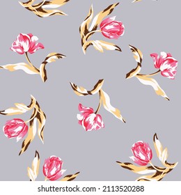 Hand drawn abstract tulips flowers seamless pattern on grey. Repeating floral vector pattern  print in calico shabby chic.