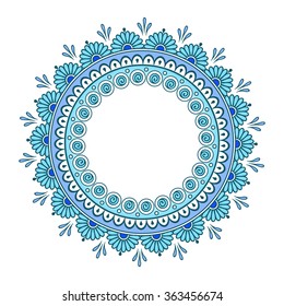 Hand drawn abstract turquoise blue colorful  design. Decorative Indian round lace ornate mandala. Frame or plate design