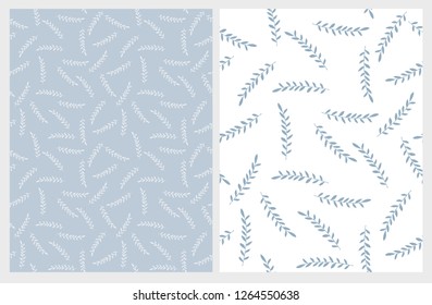 Hand Drawn Abstract Twigs Vector Patterns. Light Blue and White Color Design. Floral Repeatable Patterns. Pastel Colors. Light Blue and Whte Background.