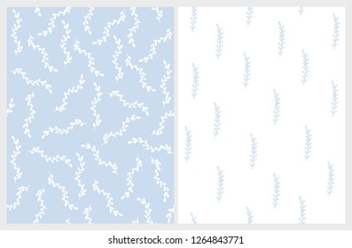 Hand Drawn Abstract Twigs Vector Patterns. Light Blue and White Color Design. Floral Repeatable Patterns. Pastel Colors. Light Blue and Whte Background.