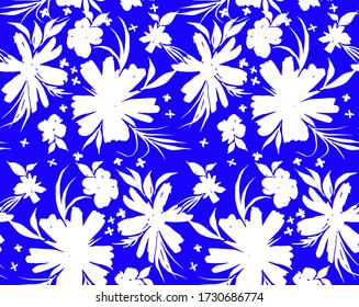 Hand Drawn Abstract Two Colors Tropical Exotic Flowers and Leaves Repeating Vector Pattern Isolated Background