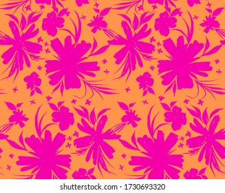 Hand Drawn Abstract Two Colors Tropical Exotic Flowers and Leaves Repeating Vector Pattern Isolated Background