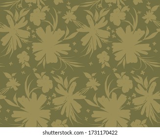 Hand Drawn Abstract Two Colors Tropical Exotic Flowers and Leaves Repeating Vector Pattern Isolated Background