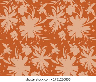 Hand Drawn Abstract Two Colors Tropical Exotic Flowers and Leaves Repeating Vector Pattern Isolated Background