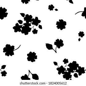 Hand Drawn Abstract Two Colors Japanese Ditsy Flowers and Leaves Repeating Vector Pattern Isolated Background