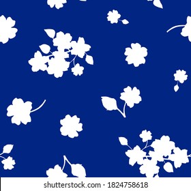Hand Drawn Abstract Two Colors Japanese Ditsy Flowers and Leaves Repeating Vector Pattern Isolated Background